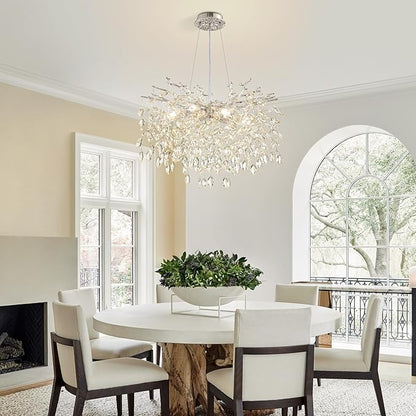 Modern Tree Branch Crystal Chandelier 23.6" Sliver Luxury Large Pendant Lighting 8-Light Contemporary K9 Crystal Chandeliers for Dining Room Kitchen Living Room Foyer Entryway (Sliver, D23.6"-Round)