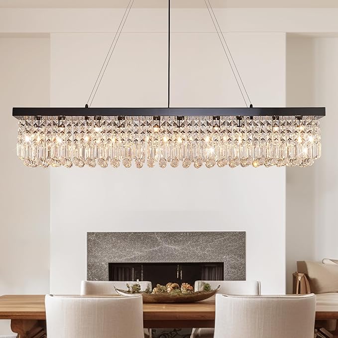 Modern Crystal Chandelier for Dining Room,10-Light Black Rectangle Pendant Ceiling Light Fixture for Kitchen Island Bar, L47 x W10 x H10