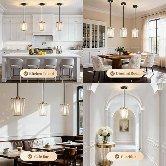 3 Pack Crystal Pendant Lights Kitchen Island - Modern Black and Gold Pendant Light Mini Adjustable Hanging Pendant Lights for Kitchen Island Dining Room Foyer Hallway