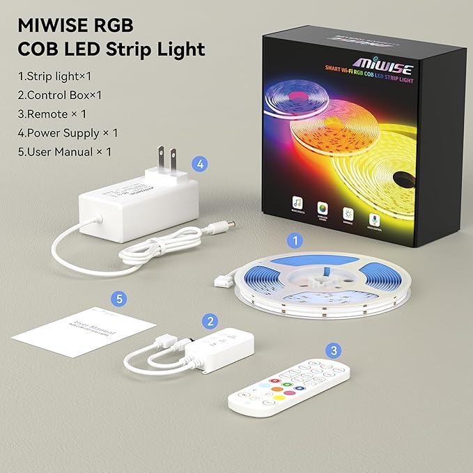 MIWISE RGB COB LED Strip Light 9.84ft/3m,Color Changing Dimmable Strip Light DC24V,Compatible with Alexa/Google Assistant/Tuya Multicolor Flexible Tape Light,for TV,Bedroom,Party DIY Decoration