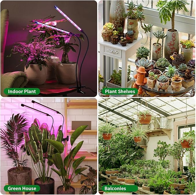 Solar Plant Grow Light with Battery Run Day/Night, 2 Heads 40 LED Clip On Full Spectrum Plant Light with 16.4FT Cable/USB Charging/Timer/Dimmable for Outdoor Indoor All Stage Plants