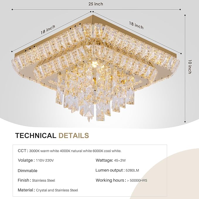 COCOSTAR Crystal Chandeliers, Modern Led Luxury Chandelier, 25" Suqare Flush Mount Chandelier Ceiling Light, Chandeliers for Dining Room, Living Room, Bedroom, Gold