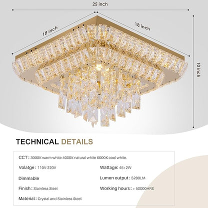 COCOSTAR Crystal Chandeliers, Modern Led Luxury Chandelier, 25" Suqare Flush Mount Chandelier Ceiling Light, Chandeliers for Dining Room, Living Room, Bedroom, Gold