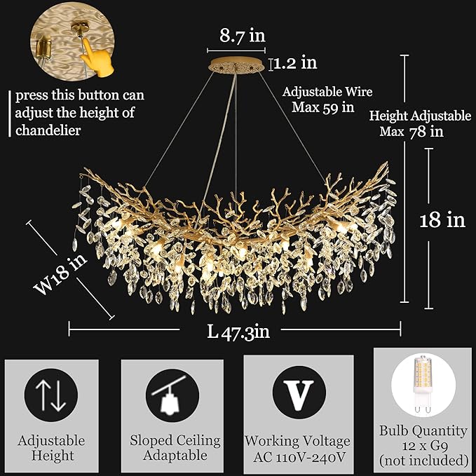 Rectangle Crystal Tree Branch Chandelier, L47.3'' Modern Luxury Gold Linear Art Deco Raindrop Pendant Lighting Fixture for Kitchen Island Foyer Living Room Dining Room 12 Lights