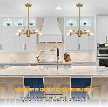 Bagood 5-Light Globe Sputnik Chandelier Gold Mid Century Sputnik Chandeliers Dimmable Globe Pendant Light Brushed Brass Finished with Clear Glass Lampshade Chandeliers for Dining Room Bedroom