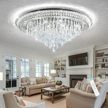 Modern LED Crystal Chandelier for Living Room Dimmable Large Ceiling Light Fixture Round Raindrop Chandeliers for Dining Room Entryway Bedroom Foyer Black