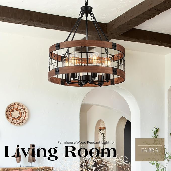 6-Light Farmhouse Drum Wood Pendant Light,20.55'' Vintage Rustic Brown Oak Wood Chandeliers,Retro Industrial Hanging Light Fixtures for Dining Room Entryway, Bedroom