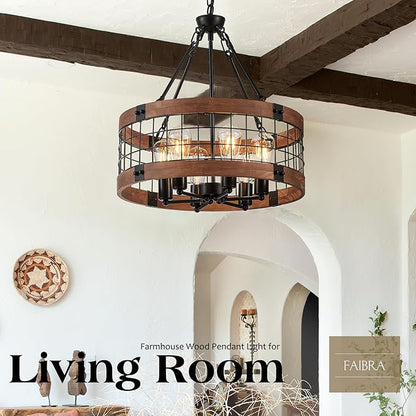 6-Light Farmhouse Drum Wood Pendant Light,20.55'' Vintage Rustic Brown Oak Wood Chandeliers,Retro Industrial Hanging Light Fixtures for Dining Room Entryway, Bedroom