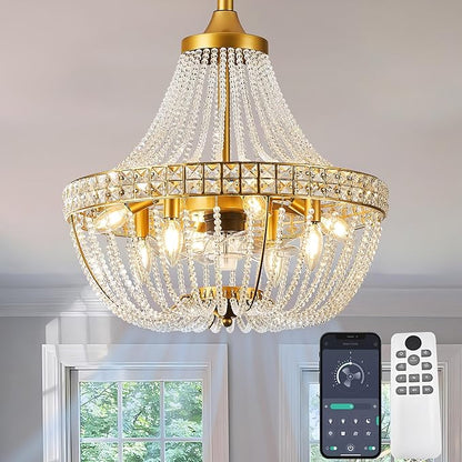 20 inch Chandelier Fan, Luxury Crystal Ceiling Fan with Lights, Remote/APP Controlled, 7 Blades Invisible Fan for Bedoom, Dining Room, (Gold, 20" Luxurious Style)