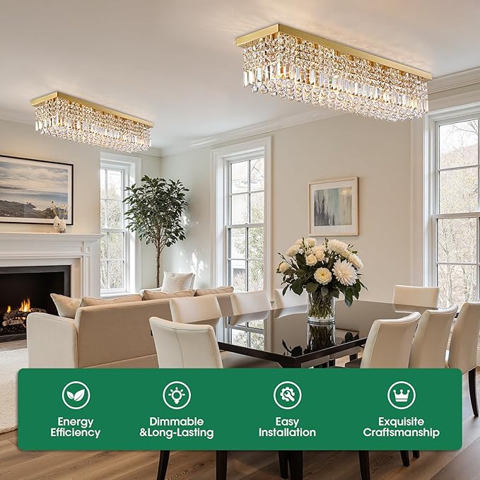 Modern Crystal Chandeliers for Dining Room Light Fixture, 8-Light Gold Rectangle Chandelier Ceiling Light for Kitchen Island Living Room, L39.4 Inch