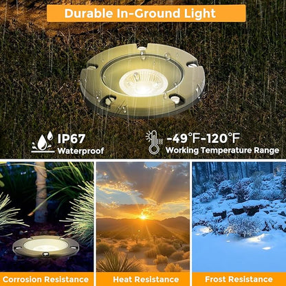 Gardencoin Brass Low Voltage Landscape Well Lights (5" Cover, 5.5" Tall), 12V LED Wired In-Ground Outdoor Up Lighting Fixture Waterproof, Adjustable Beam Direction Base, Without MR16 Bulb (12 Pack)