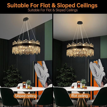 Crystal Chandeliers for Dining Room Lights Fixtures, 16 Lights Luxury Gold Modern Chandeliers for Bedroom, 2-Tier Round Crystal Lighting Fixtures for Living Room Entryway Kitchen Island D24 Inch