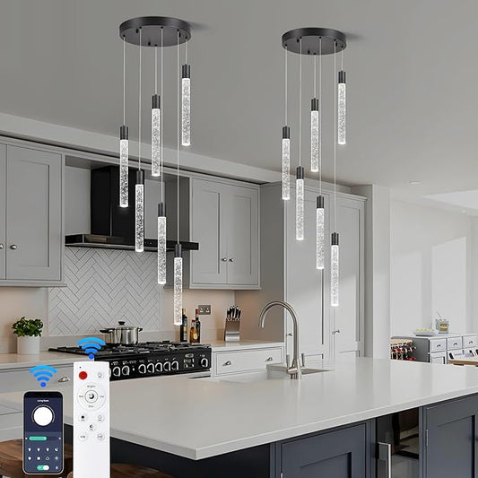 6 Light Pendant Lights Kitchen Island,Modern LED Bubble Crystal Pendants with Dimmable 3000K-6000K Ceiling Hanging Light Fixture for Dining Room Bedroom,Matte Black Finish,Adjustable Height 78"