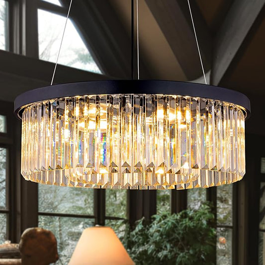 Wellmet Modern Crystal Chandelier for Dining Room, 6 Lights Black Farmhouse Crystal Pendant Light, Vintage Ceiling Lighting Fixture for Kitchen Island, Living Room, Bedroom, Hallway, Foyer, W-21.65”