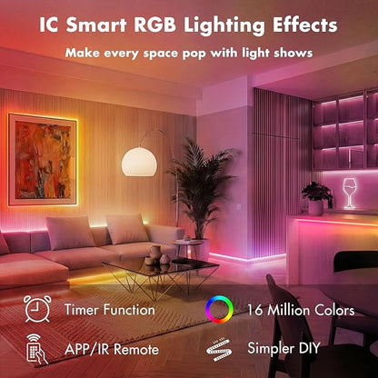 LED Lights for Bedroom, 200FT IC RGB LED Strip Lights, Color Changing, Multiple Colors Chasing Effects, APP & Remote Control, Timer Function, Music Sync Lights for Party, Home Decor