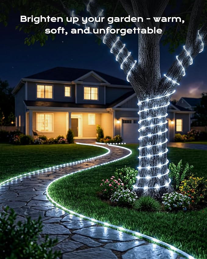 Brightown 2 Pack Solar Rope Lights, Total 78FT 200LED Pure White Solar String Lights Outdoor, IP65 Waterproof Solar Powered Fairy Lights with 8 Lighting Modes for Yard Garden Patio Tree Decoration