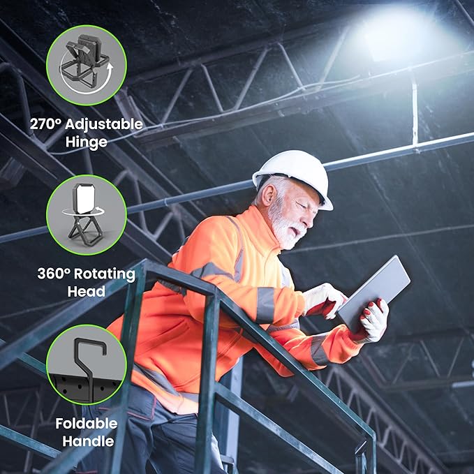 Feit Electric Portable LED Work Light, 360° Rotating Head, 3 Light Modes, 2000/1000/500 Lumens, Adjustable Working Light for Workshop Garage, 25,000-Hour Lifetime, WORK2000/FOLD/BAT