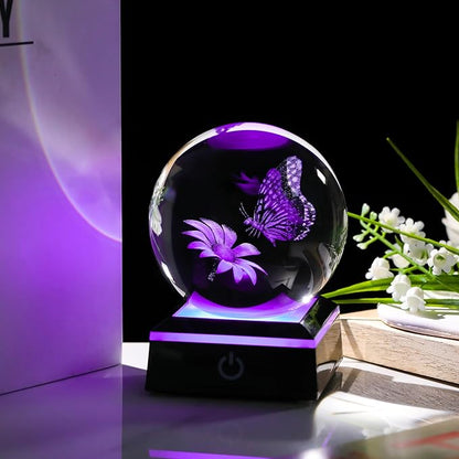 3D Crystal Ball 3.14'' - Laser Butterfly Decor Glass Animals Figurines Statue Night Light
