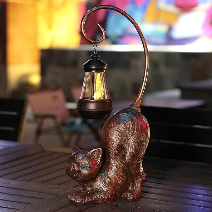 Solar Cat Figurine, 15.7 Inches Tall LED Waterproof Antique Bronze Resin Statue, Auto On/Off at Dusk for Cat Lovers or Memento Gift Outdoor Decor