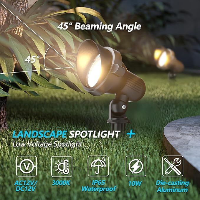 LED Landscape spotlights Yard: 10W MR16 Low Voltage Landscape Lights 12-24V 3000K Warm White - Outdoor Garden Driveway wall Lighting for Contractors - 12 Pack