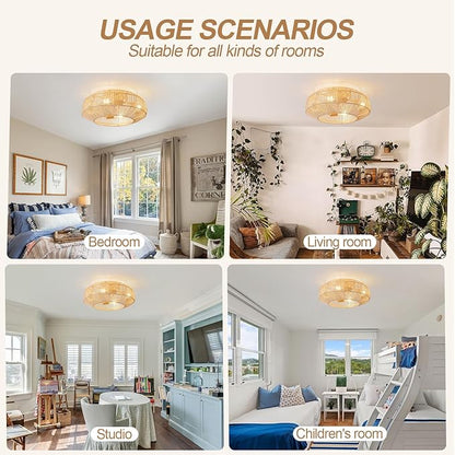 20'' Boho Rattan Ceiling Fan with Light, Coastal Caged Ceiling Fans with Lights and Remote Control, Enclosed Hidden Flush Mount with Reversible 6 Speeds for Living Room Bedroom Nursery