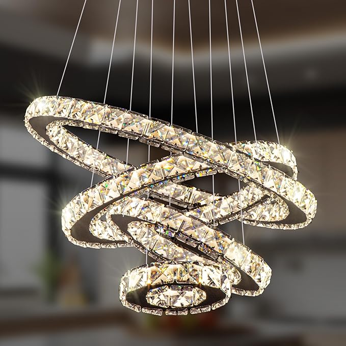 Dimmable Crystal LED Chandelier(3000-6500K) for High Ceiling – Remote Control, Adjustable Height, Modern Stainless Steel Fixture for Foyer, Staircase, Living Room(Chrome 4-Ring)