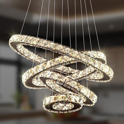 Dimmable Crystal LED Chandelier(3000-6500K) for High Ceiling – Remote Control, Adjustable Height, Modern Stainless Steel Fixture for Foyer, Staircase, Living Room(Chrome 4-Ring)