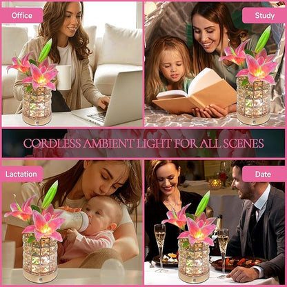 Lily Flower Lamps, Rechargeable Cordless Small Desk Lamp, 3 Colors Dimmable Artificial Flowers Night Light, Fake Bouquet 3 Lilies with Crystal Vase for Home Date Party Decoration (Pink - Lily)