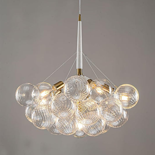 White Gold Bubble Ball Chandelier 6-Light Dia 24 Inch Mid-Century Blown Glass Light Fixtures Swirled Clear Globe Chandeliers Lighting Pendant for Dining Living Room Entryway Island