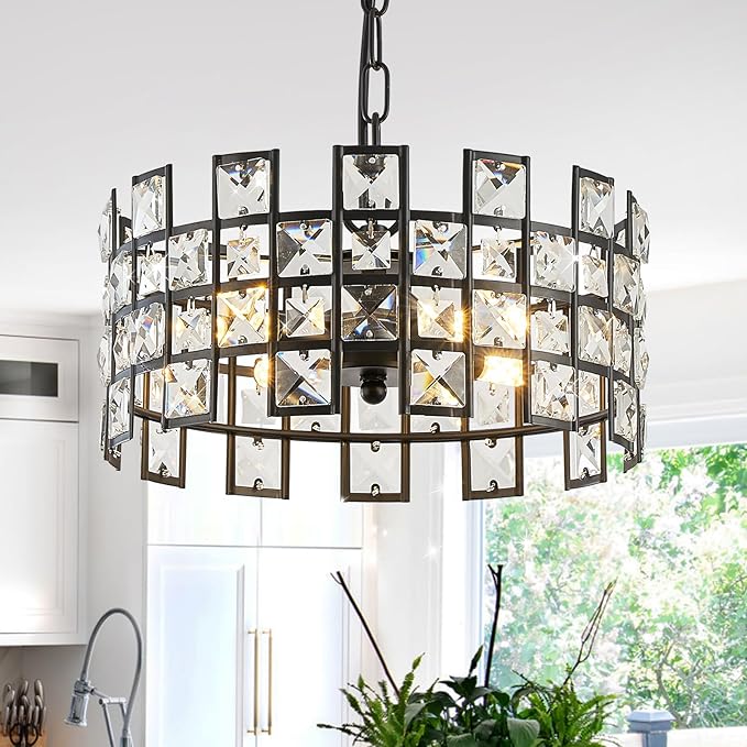 CATINER Black Crystal Pendant Light, 12'' Round 4-Light Modern Chandelier, Semi Flush Mount Ceiling Light for Kitchen Island, Dining Room, Bedroom, Entryway, Hallway, Foyer
