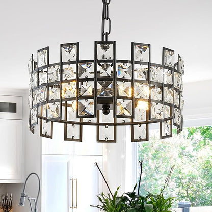 CATINER Black Crystal Pendant Light, 12'' Round 4-Light Modern Chandelier, Semi Flush Mount Ceiling Light for Kitchen Island, Dining Room, Bedroom, Entryway, Hallway, Foyer