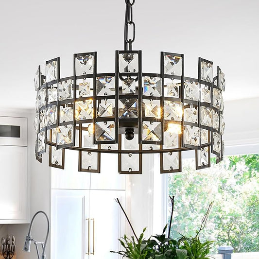 CATINER Black Crystal Pendant Light, 12'' Round 4-Light Modern Chandelier, Semi Flush Mount Ceiling Light for Kitchen Island, Dining Room, Bedroom, Entryway, Hallway, Foyer