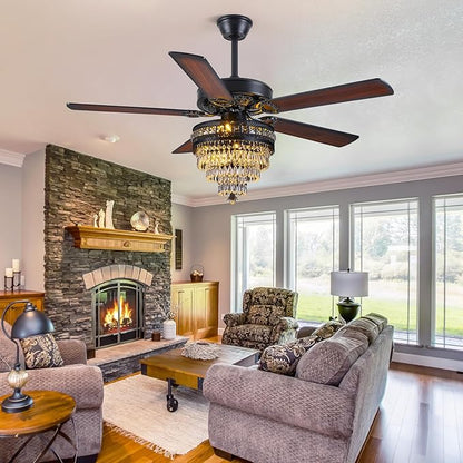 Asyko Crystal Ceiling Fan Fandelier with Lights - Modern Black Chandelier Fans with Remote Control，Noiseless AC Motor, Retro/Farmhouse Lighting, Dining Room， Living Room (52"