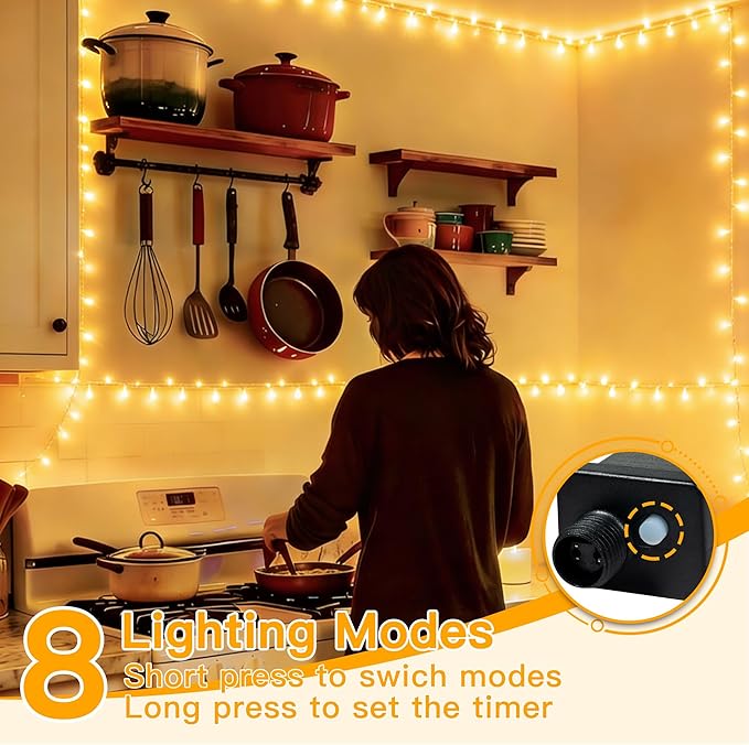 Ollny Christmas Lights 200LED 60FT Indoor, Warm White Connectable Plug in String Light Outdoor, 8 Modes Waterproof Timer LED Fairy Lights for House Outside Bedroom Patio Balcony