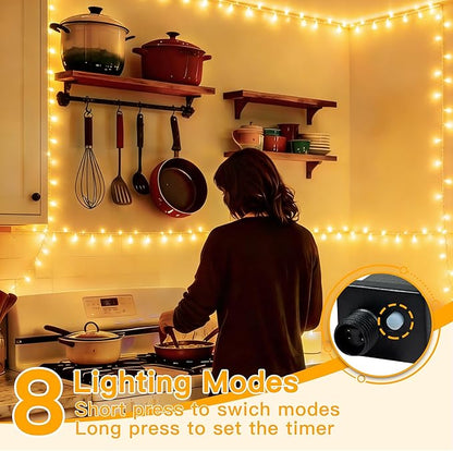 Ollny Christmas Lights 200LED 60FT Indoor, Warm White Connectable Plug in String Light Outdoor, 8 Modes Waterproof Timer LED Fairy Lights for House Outside Bedroom Patio Balcony