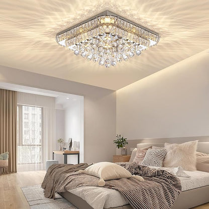 COCOSTAR 24 inch Crystal Flush Mount Chandelier Remote/APP, Modern Raindrop LED Ceiling Light, 3CCT Dimmable & Brightness Adjustable,Elegant Chandeliers for Bedroom Hallway Dinning Room Living Room