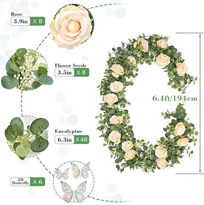 Yastouay 6.4 Ft Fuller Flower Garland with 3D Butterfly, Artificial Eucalyptus Garland with Champagne Flowers Fake Rose Vine for Table Centerpiece Wedding Baby Shower Party Room Backdrop Decor
