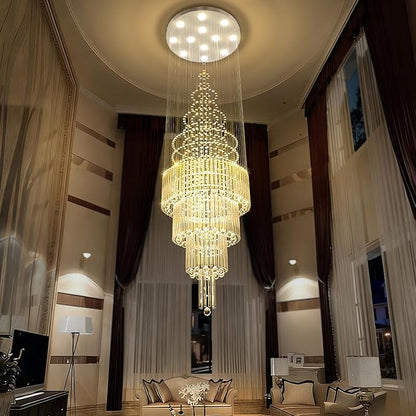 Flashing God D32''X H110'' High Ceiling Chandelier Crystal Raindrop Chandeliers Staircase Large Chandelier Villa Entrance Foyer Ceiling Light High Ceiling Pendant Light Fixture