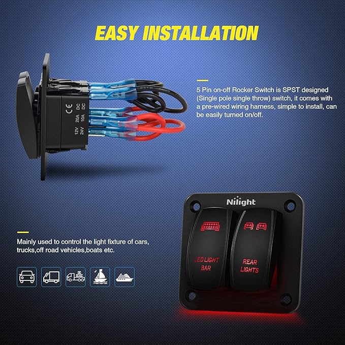 Nilight 2 Gang Rocker Switch Panel LED Light Bar Switch Rear Lights Switch 12 24V DC Red Switches 5Pin ON Off Pre Wired Toggle Switch Panel for Cars ATVs UTVs,2 Years Warranty