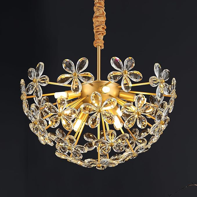 17" Modern Gold Crystal Sputnik Chandelier for Dining Living Room Glam Luxury Petal Hemisphere Chandelier 7-Light for Foyer Hallway Elegant Pendant Ceiling Light Fixtures for Kitchen Bedroom