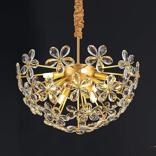 17" Modern Gold Crystal Sputnik Chandelier for Dining Living Room Glam Luxury Petal Hemisphere Chandelier 7-Light for Foyer Hallway Elegant Pendant Ceiling Light Fixtures for Kitchen Bedroom