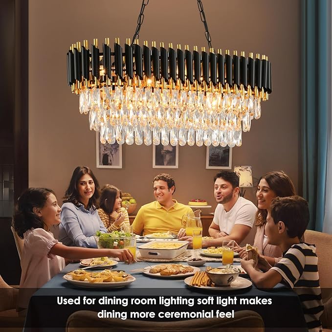 Modern Crystal Chandeliers for Dining Room Black and Gold Chandelier Living Room 8-Light Pendant Light Fixture Oval Contemporary Ceiling Hanging Light for Kitchen Island Bar L32 inch