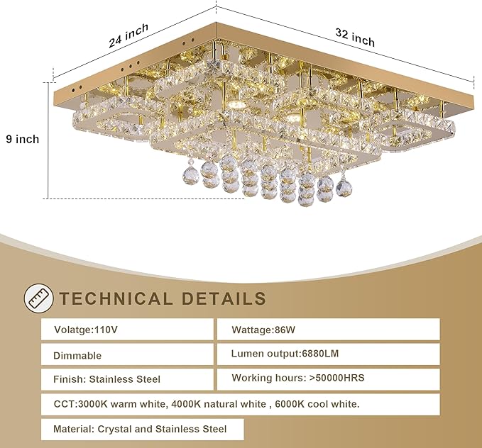 32 inch Flush Mount Chandelier Crystal Ceiling Light with Remote Control/APP, 3CCT Dimmable&Brightness Adjustable, Modern Crystal Raindrop Gold Chandeliers for Bedroom Hallway Dinning Room Living Room