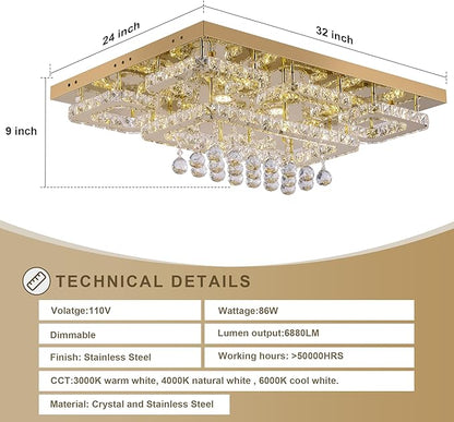 32 inch Flush Mount Chandelier Crystal Ceiling Light with Remote Control/APP, 3CCT Dimmable&Brightness Adjustable, Modern Crystal Raindrop Gold Chandeliers for Bedroom Hallway Dinning Room Living Room