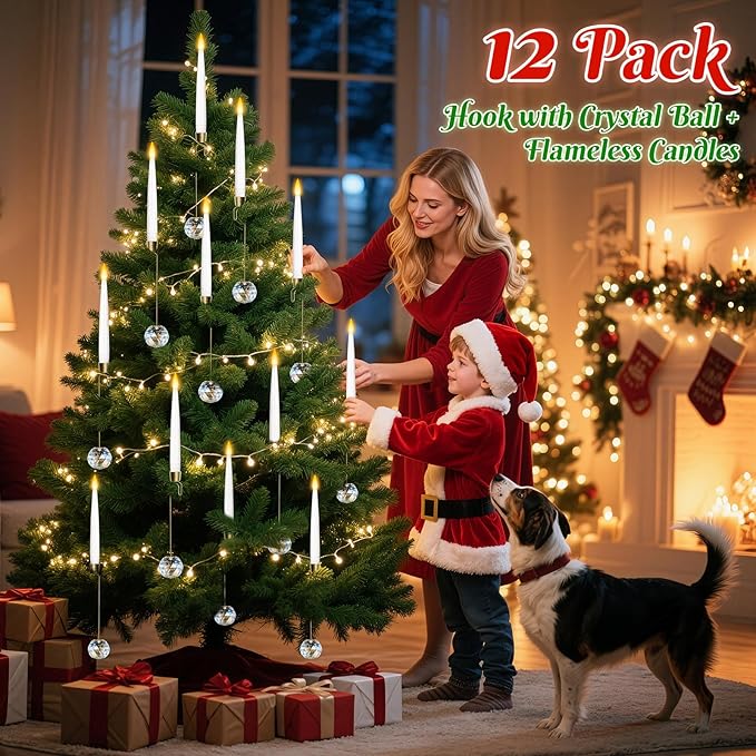 0.4" x6" LED Short Taper Candles with 12 Crystal Ball Hooks, 12 Pcs Flameless Christmas Tree Hanging Candles with Remote, Battery Operated Taper Candle for Xmas, Home, Indoor and Party