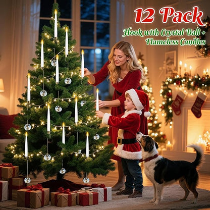 0.4" x6" LED Short Taper Candles with 12 Crystal Ball Hooks, 12 Pcs Flameless Christmas Tree Hanging Candles with Remote, Battery Operated Taper Candle for Xmas, Home, Indoor and Party