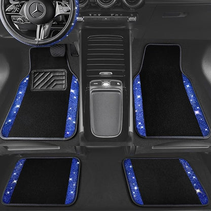 CAR PASS Bling Rhinestones Diamond Car Floor Mat,Sparkly Glitter Shining Crystal Carpet Anti-Slip PVC Heel Pad Waterproof Universal for Automotive SUV,Sedan,Van,4pcs Girl Pretty Women Men Black Blue