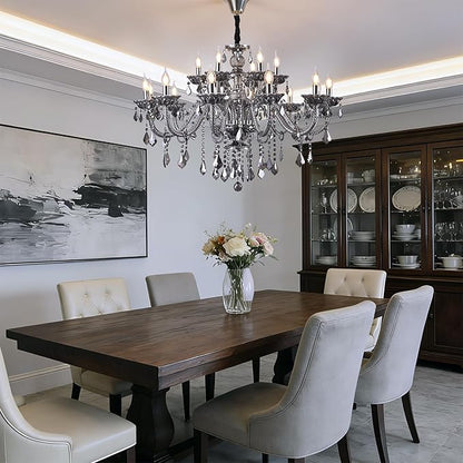 Modern Luxury K9 Crystal Chandelier 18 Light Large Smoky Gray Crystal Chandelier Lighting 39.5" E12 Crystal Pendant Light Fixtures for Living Room, Stair,Store (Double Layer 12+6 Lights)