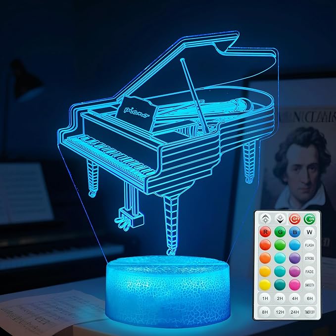 Piano Night Light, Instrument Gifts, Piano 3D Illusion Lamp with 16 Colors Changing, Timer, 4 Flash Modes and Dimmable, Kids Boys Girls Room Decoration, Holiday Xmas Music Gifts