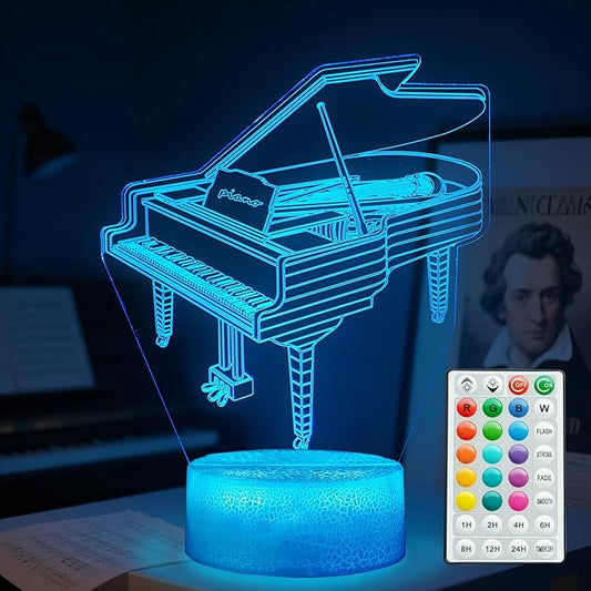 Piano Night Light, Instrument Gifts, Piano 3D Illusion Lamp with 16 Colors Changing, Timer, 4 Flash Modes and Dimmable, Kids Boys Girls Room Decoration, Holiday Xmas Music Gifts